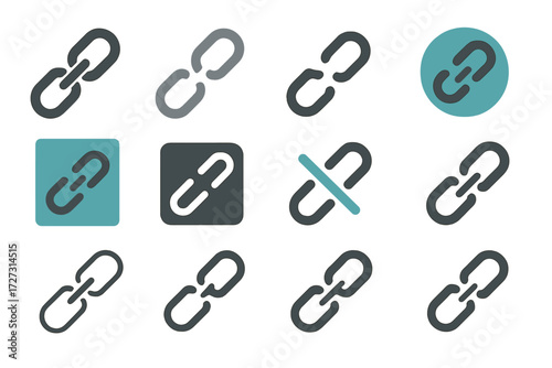Links silhouette icon set. featuring broken, unlinked, connected, circular, and highlighted chain symbols