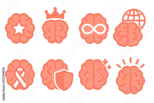 Symbolic Brain Icons. Symbolic Brain Icons set of icons in neo-flat style: brain with star, brain with crown, brain with infinity symbol, brain with