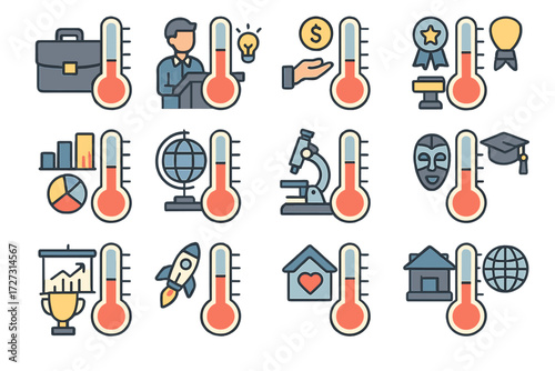 Neo-Flat Debt Meters. Event Debt Meters set of icons in neo-flat style: business debt meter, startup pitch debt meter, fundraising debt meter, charity