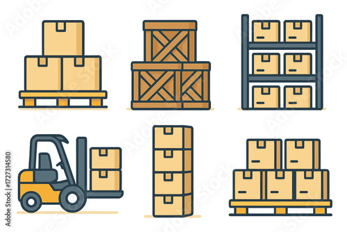 Warehouse Icon Set. Warehouse Storage set of icons in neo-flat style: pallet stack, crates piled, storage rack, forklift with stack, carton tower,