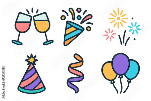 Celebration Icon Set. Celebration Moments set of icons in neo-flat style: clinking glasses, confetti burst, fireworks, party hat, streamer swirl,
