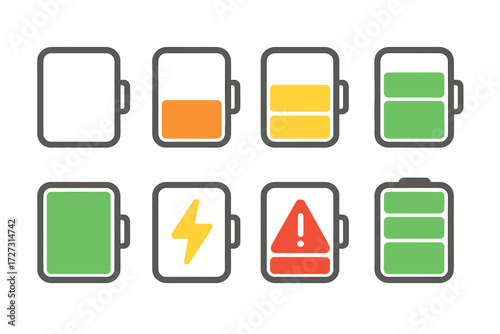 Colorful Battery Icons. Battery Level in modern flat vector : empty battery, quarter battery, half battery, three quarter battery, full battery,