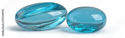 Two translucent, light-blue, oval capsules rest on a white background, casting subtle shadows. One is larger than the other