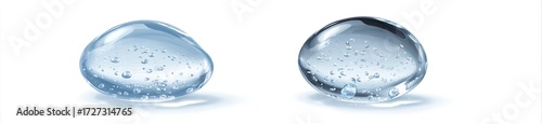 Two translucent, oval-shaped droplets, one lighter and one darker, rest on a white background, casting subtle shadows.  Small bubbles are visible within each droplet