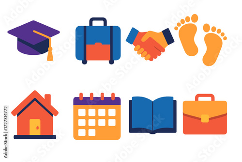 New Beginnings Icons. Life Context in modern flat vector : new start with graduation cap, new start with suitcase, new start with baby footprints, new