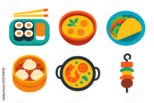 Cultural Cuisine Icons. Cultural Dinners in modern flat vector : sushi platter, curry bowl, taco plate, dumpling steamer, paella pan, kebab skewer.