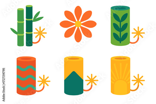 Vibrant Firecracker Icons. Nature Inspired in modern flat vector : bamboo firecracker, flower-shaped burst, leaf-patterned cylinder, firecracker with