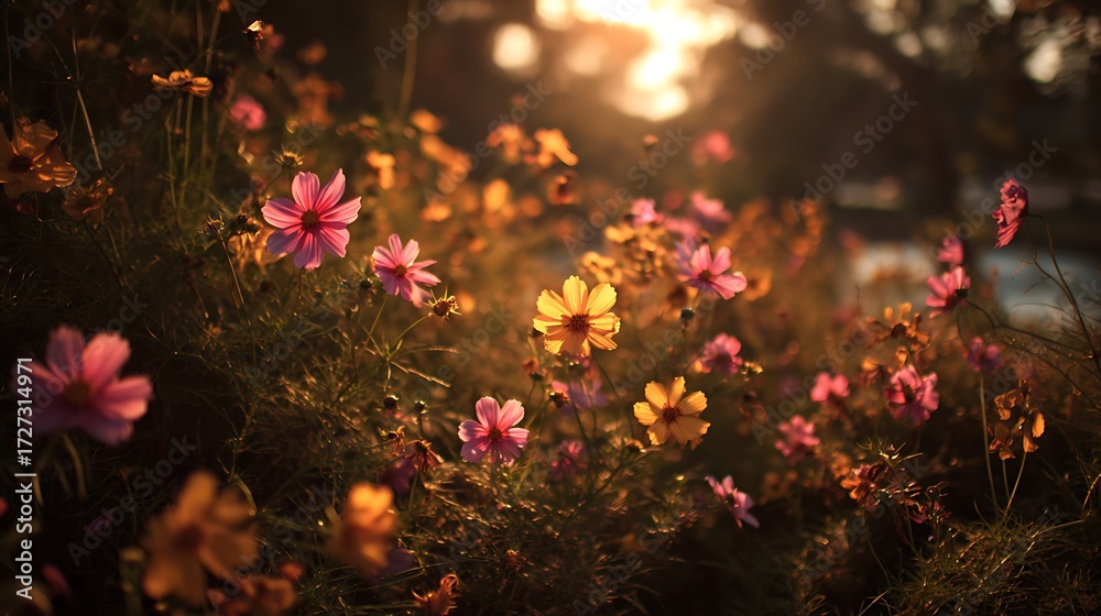 Obraz premium Golden sunlight fading behind flowers rich natural tones