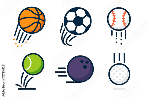 Colorful Sports Ball Icons. Sports Ball Drop in modern flat vector : basketball falling, soccer ball in motion, baseball descending, tennis ball