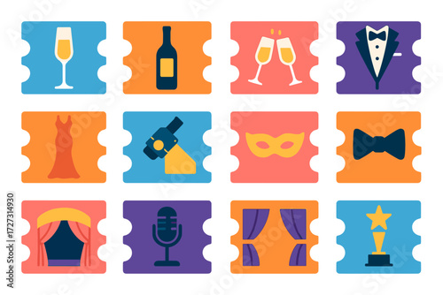Gala Ticket Icons. Formal Gala Tickets in modern flat vector : ticket with champagne glass, ticket with wine bottle, ticket with clinking glasses,