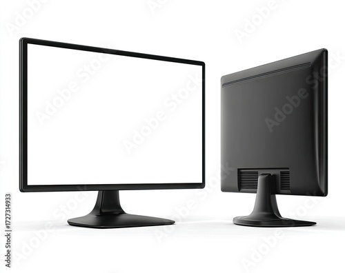 Two views of a black computer monitor on a white background; one shows the blank screen, the other the back.  The monitor sits on a simple stand