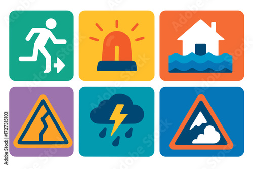 Vibrant Emergency Icons. Emergency Signs in modern flat vector : evacuation warning, siren symbol, emergency exit sign, flood warning, earthquake