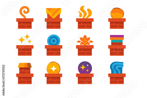 Vibrant Decorative Chimneys. Decorative Chimneys in modern flat vector : chimney with swirl design, chimney with pattern, chimney with abstract lines