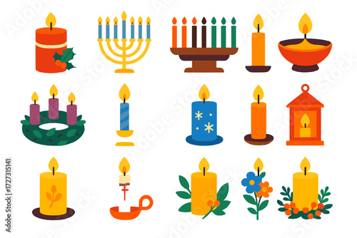 Festive Candle Icons. Holiday Candlelight in modern flat vector : Christmas candle, Hanukkah menorah candle, Kwanzaa kinara candle, Diwali diya lamp,