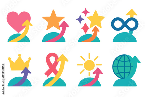 Symbolic New Beginnings. Symbolic New Starts in modern flat vector : new start with heart, new start with star, new start with sparkles, new start