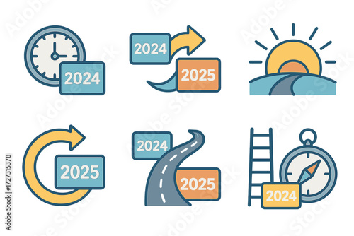 Year Change Icons. Time & Renewal set of icons in neo-flat style: year change with clock, year change with arrow, year change with calendar flip, year