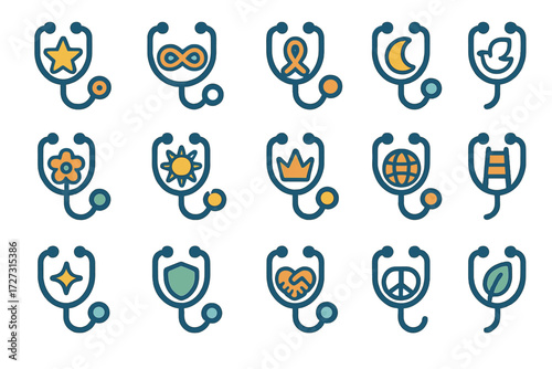 Healthcare silhouette icon set. featuring stethoscope, star, infinity, awareness, moon, flower, sun, crown, globe, hand, peace, and leaf symbols
