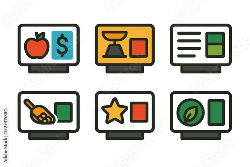 Neo-Flat Grocery Icons. Grocery Shelf Tags set of icons in neo-flat style: produce price tag, weight label, nutrition facts tag, bulk item tag, daily