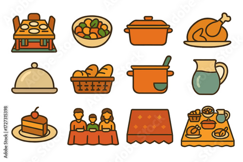 Neo-Flat Family Feast. Family Dinner set of icons in neo-flat style: table with plates, shared bowl of food, casserole dish, roasted chicken, serving