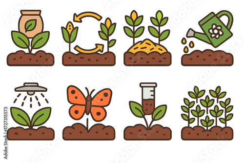 Sustainable Farming Icons. Sustainable Practices set of icons in neo-flat style: soil health with organic farming, soil health with crop rotation,