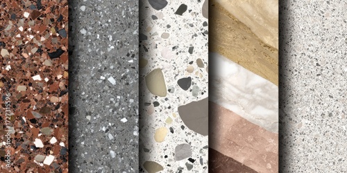 Vertical display of five distinct terrazzo samples showcasing varying color palettes and aggregate sizes, ideal for interior design choices