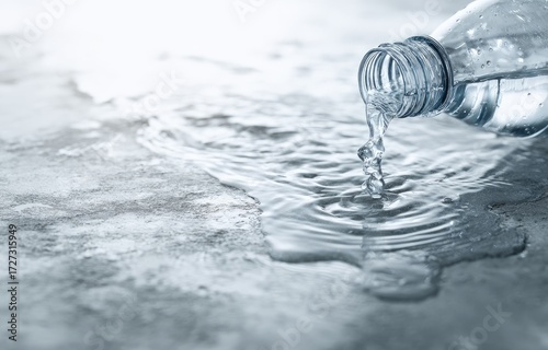 Water pours from a plastic bottle onto a flat surface, creating ripples and a puddle.  The scene is brightly lit, highlighting the water's clarity