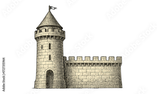 Vintage castle illustration with tower and brick walls for historical themed designs