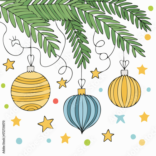 ornaments hanging from branch of Christmas tree with string lights
