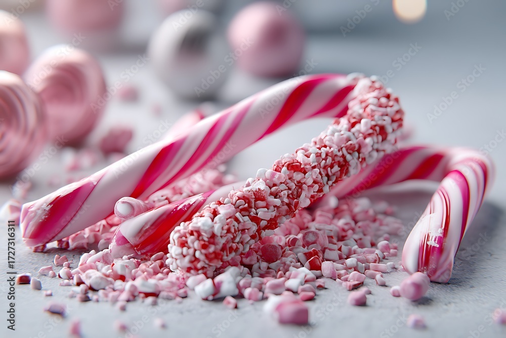 custom made wallpaper toronto digitalSeveral small candy canes laying on a table, covered in crushed candy cane pieces, creating a festive, sweet holiday atmosphere.