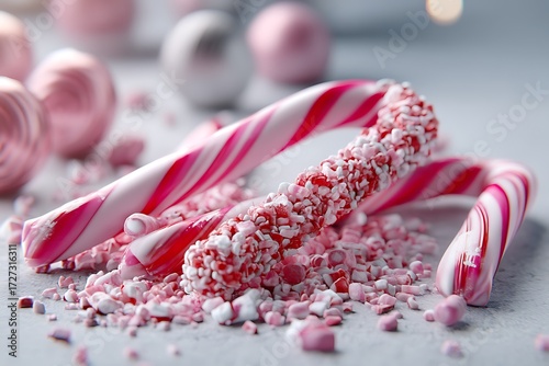 Wallpaper Mural Several small candy canes laying on a table, covered in crushed candy cane pieces, creating a festive, sweet holiday atmosphere. Torontodigital.ca