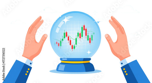 Cartoon hands predict stock market future with crystal ball candlestick chart. Financial forecasting and investment vector art.