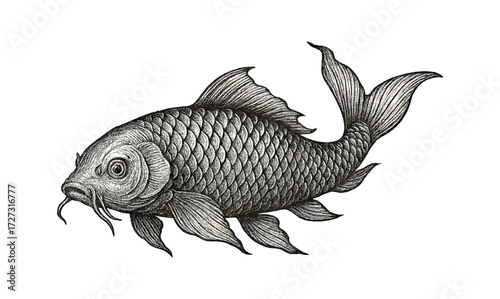 Vintage koi fish engraving design for artistic decor and print projects