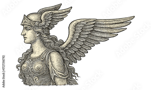 Antique valkyrie engraving with detailed wings and helmet for historical illustration and design