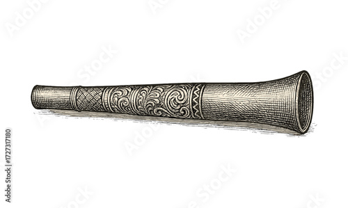 Vintage didgeridoo engraving with ornate patterns for artistic design or cultural illustration