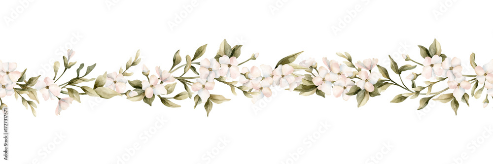 Obraz premium White small flowers with leaves seamless border. Jasmine, orange, apple blossom. Watercolor hand painted cute floral isolated illustration for wedding design, home textile, crockery, cosmetic package