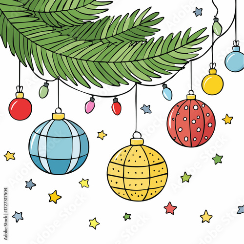 ornaments hanging from branch of Christmas tree with string lights