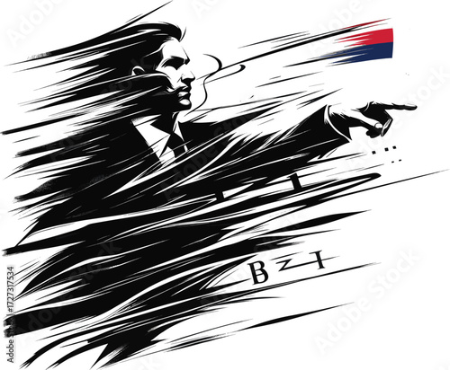 A bold, stylized depiction of a professional leader in a suit, thrusting forward with a pointed gesture. Abstract motion lines evoke speed, momentum, and focus,