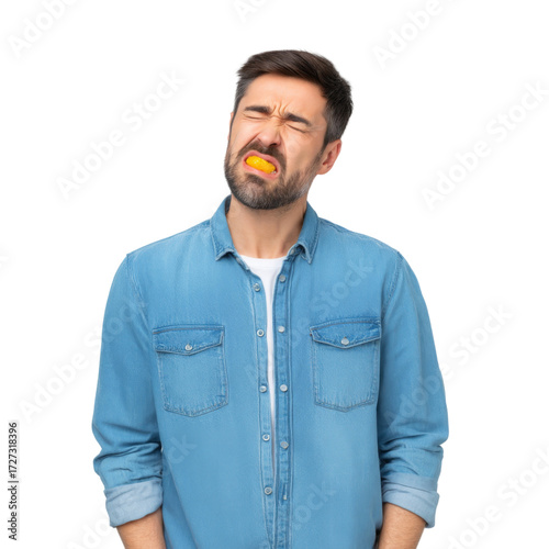 Man in Blue Shirt Making Disgusted Face While Holding Citrus Fruit Expressing Strong Reaction to Taste