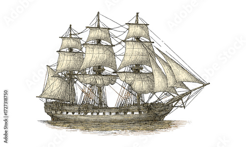 Vintage frigate illustration with simple composition for nautical design and decor