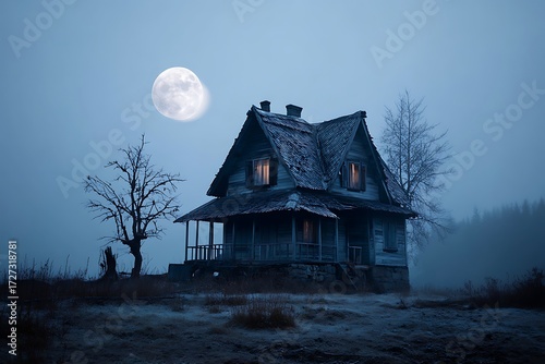 Wallpaper Mural Spooky abandoned house at night with fog surrounding it and a full moon in the background, evoking a haunting atmosphere. Torontodigital.ca