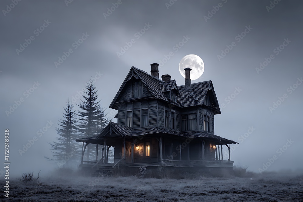 custom made wallpaper toronto digitalSpooky abandoned house at night with fog surrounding it and a full moon in the background, evoking a haunting atmosphere.
