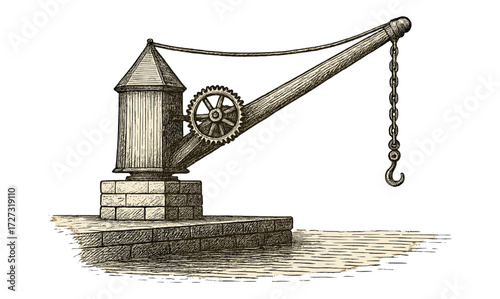 Vintage harbor crane illustration for nautical design and historical projects