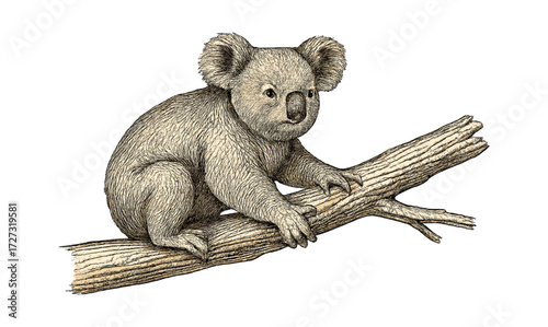 Engraved koala illustration on branch for nature art and print design
