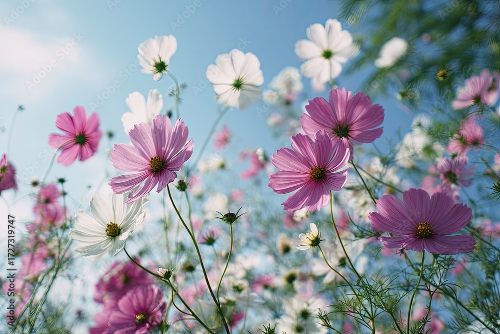 Obraz premium Pink and white cosmos flowers against a clear blue sky