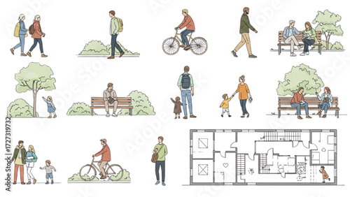 Urban and Landscape Elements Vector Set – People, Vehicles, and Plants in Silhouette and Outline Styles AI EPS PNG JPEG
