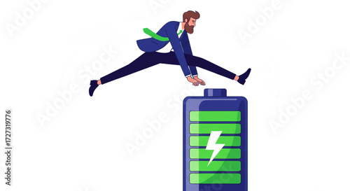 Vibrant vector illustration of a businessman in a suit leaping over a full battery, symbolizing high energy and business success.