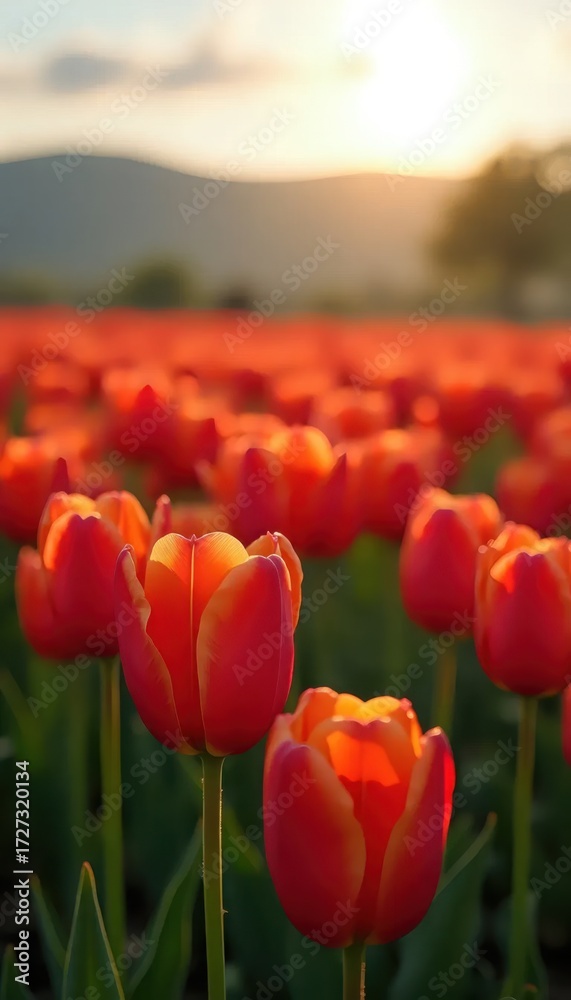Obraz premium A field of red tulips with the sun setting behind them.