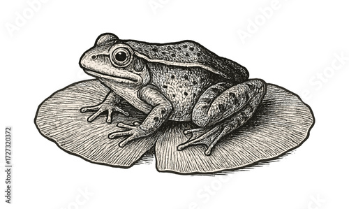 Frog on lily pad illustration in vintage style for nature design and botanical art