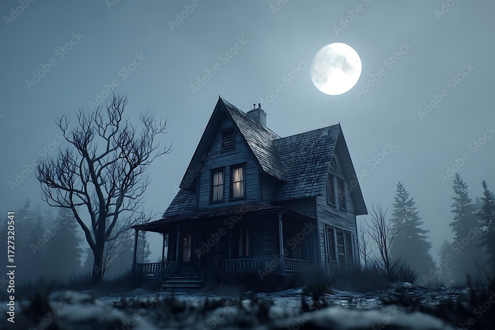 custom made wallpaper toronto digitalSpooky abandoned house at night with fog surrounding it and a full moon in the background, evoking a haunting atmosphere.