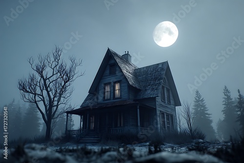 Wallpaper Mural Spooky abandoned house at night with fog surrounding it and a full moon in the background, evoking a haunting atmosphere. Torontodigital.ca